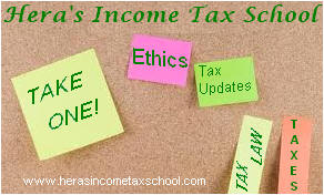 stick-it note board, notes say "Take one!", "Ethics", "Tax Updates", etc.