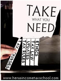 image reads "Take what you Need" and pull stickers that read Tax courses, Tax rules, Updates, Tax Law, and Ethics.