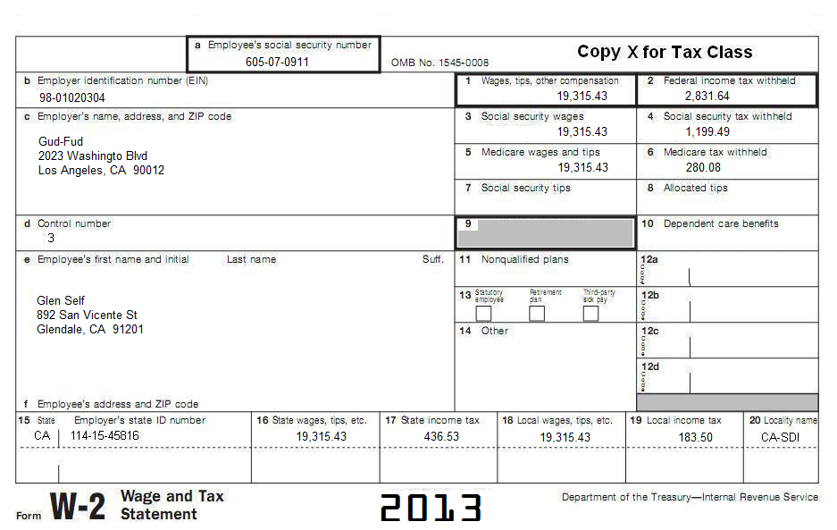 w-2 copy for Glen Self for practice tax return preparation