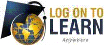 logo graduation cap on globe with words "LOG ON TO LEARN Anywhere"