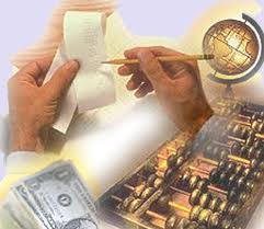 Picture of money stack, globe, abicus and two hands holding a wooden pencil reviewing receipts